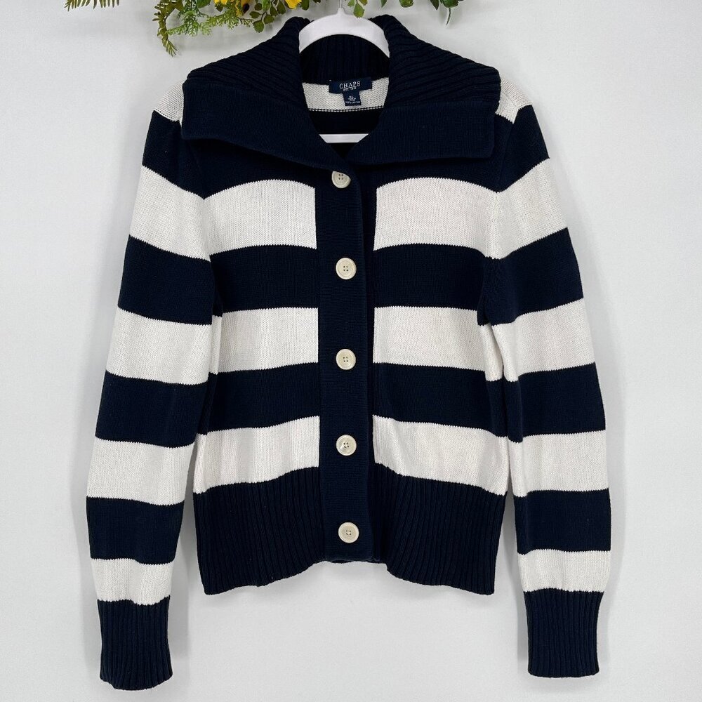Chaps Navy Blue White Striped Knit Collared Cardigan Sweater‎ Women's Size XL